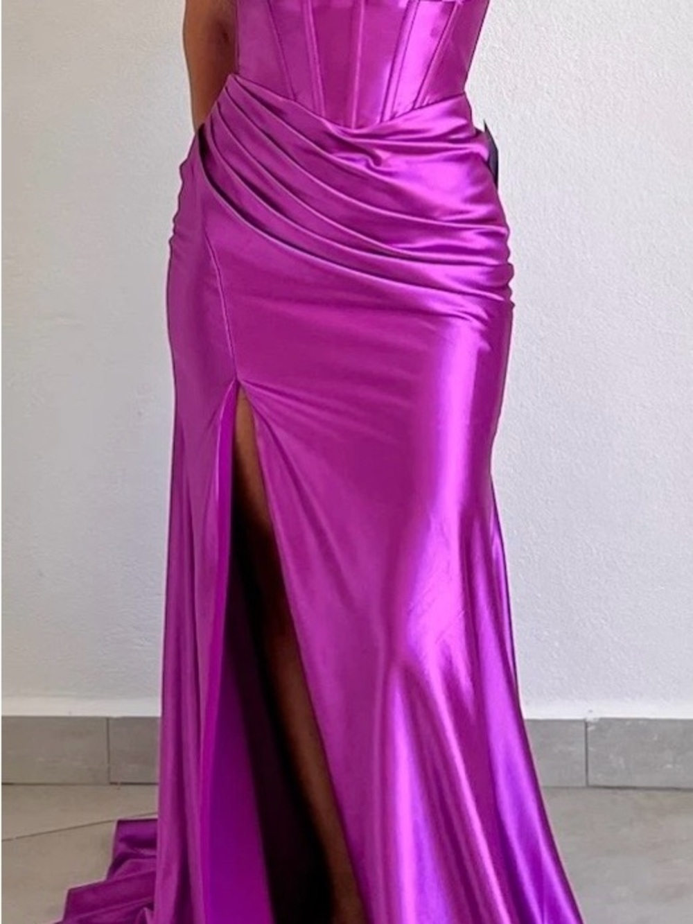 Fuchsia Satin High-Slit, Halter Style Formal